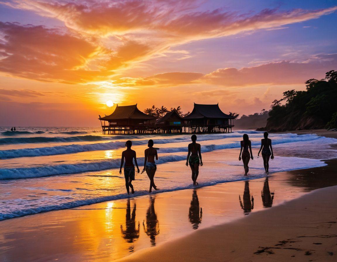 A stunning sunset over an idyllic Myanmar beach, showcasing diverse swimwear styles on sun-soaked models playfully enjoying the waves. Incorporate traditional Burmese elements such as local beach huts and palm trees swaying gently in the breeze. Capture the vibrant colors of the ocean and sky reflecting off the water, evoking a sense of sensuality and adventure. super-realistic. vibrant colors. tropical paradise.