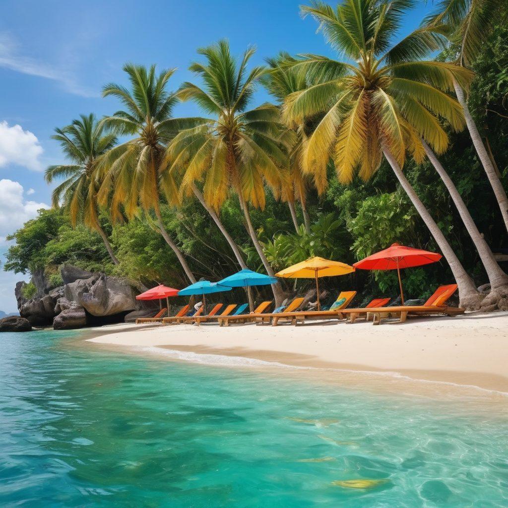 A stunning beach scene in Southeast Asia with diverse adults enjoying sunbathing and playing by the water, showcasing stylish swimwear that reflects various cultures. Lush palm trees and vibrant beach umbrellas provide a tropical backdrop, while azure waves crash gently on the shore. The image captures a sense of freedom and allure, highlighting both relaxation and fun. Bright colors and a lively atmosphere should be emphasized. super-realistic. vibrant colors. tropical style.