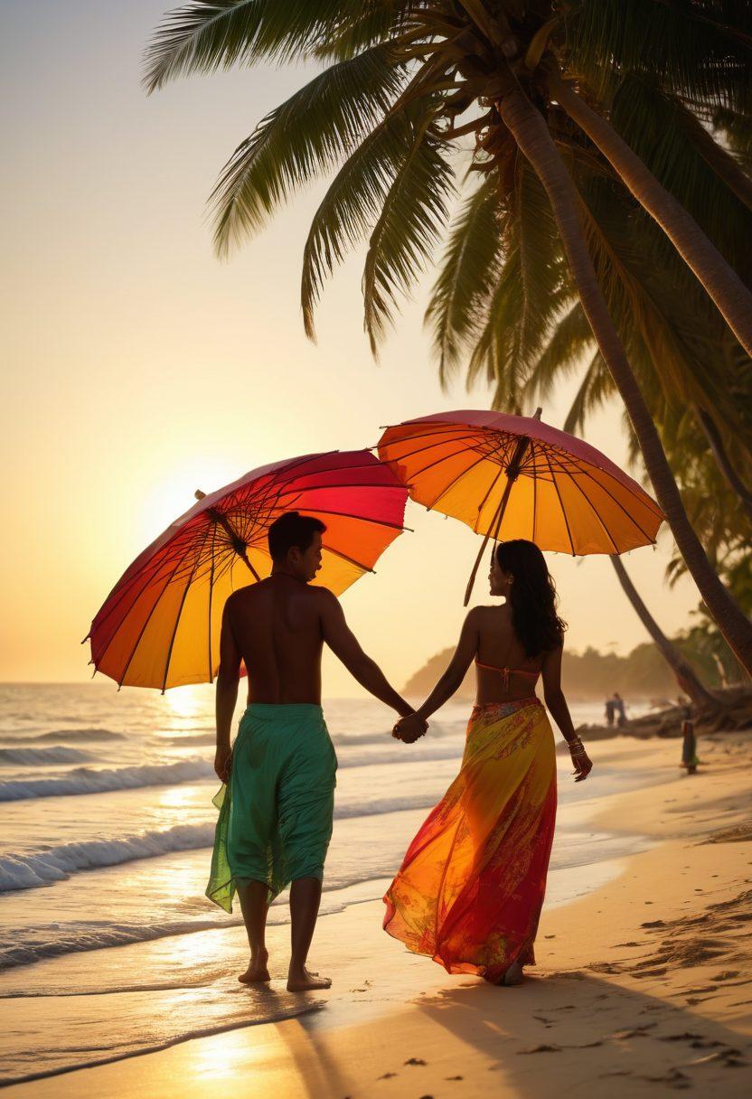 A captivating beach scene set in Myanmar, featuring vibrant, traditional beach attire with hints of eroticism. The sun setting over the ocean, casting golden light on sunbathers and playful couples engaged in flirtatious interactions. Lush palm trees and colorful beach umbrellas add a tropical feel. Flashes of cultural elements like local decorations and jewelry enhance the atmosphere. super-realistic. vibrant colors. 3D.